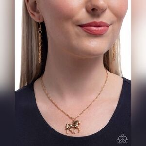 Paparazzi Gold Horse Pendant Necklace and Chain Earrings Set